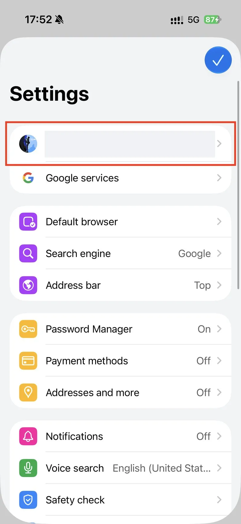 The Google account row at the top of the Settings screen