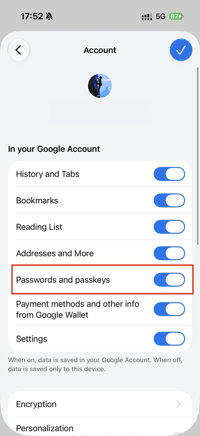 The Passwords and passkeys toggle on the Account screen