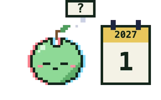 2027年1月1日のカレンダーの前で「？」を浮かべて考え込む緑のりんごキャラクター