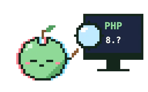 Green apple character peering at a PHP version on screen with a magnifying glass