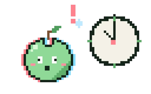 Startled green apple next to a clock pointing at 23:00