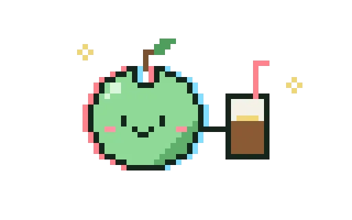 Green apple character smiling and holding a drink