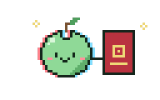 赤いパスポートを持って笑う緑のりんごキャラクター